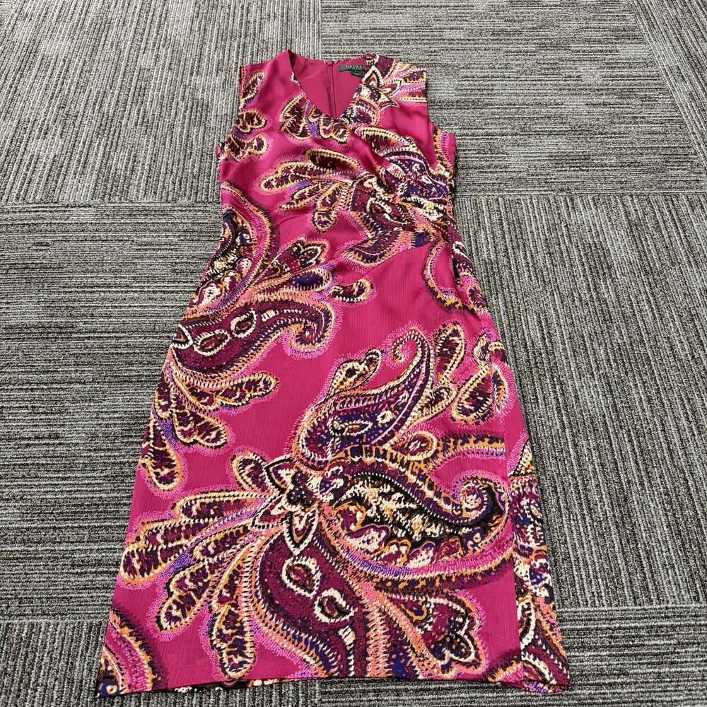 Ralph Lauren Women’s S 4 Pink Paisley Print Satin Pencil Skirt Dress Sleeveless